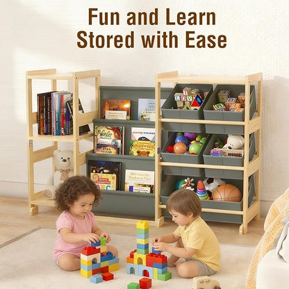 Kids Bookshelf and Toy Storage Organizer with 3-Tier Book Display and Shelves, Kids Toy Organizers and Storage with Bins, Book Shelf for Kids Rooms, Playroom Decor for Toddler Bedroom Nursery