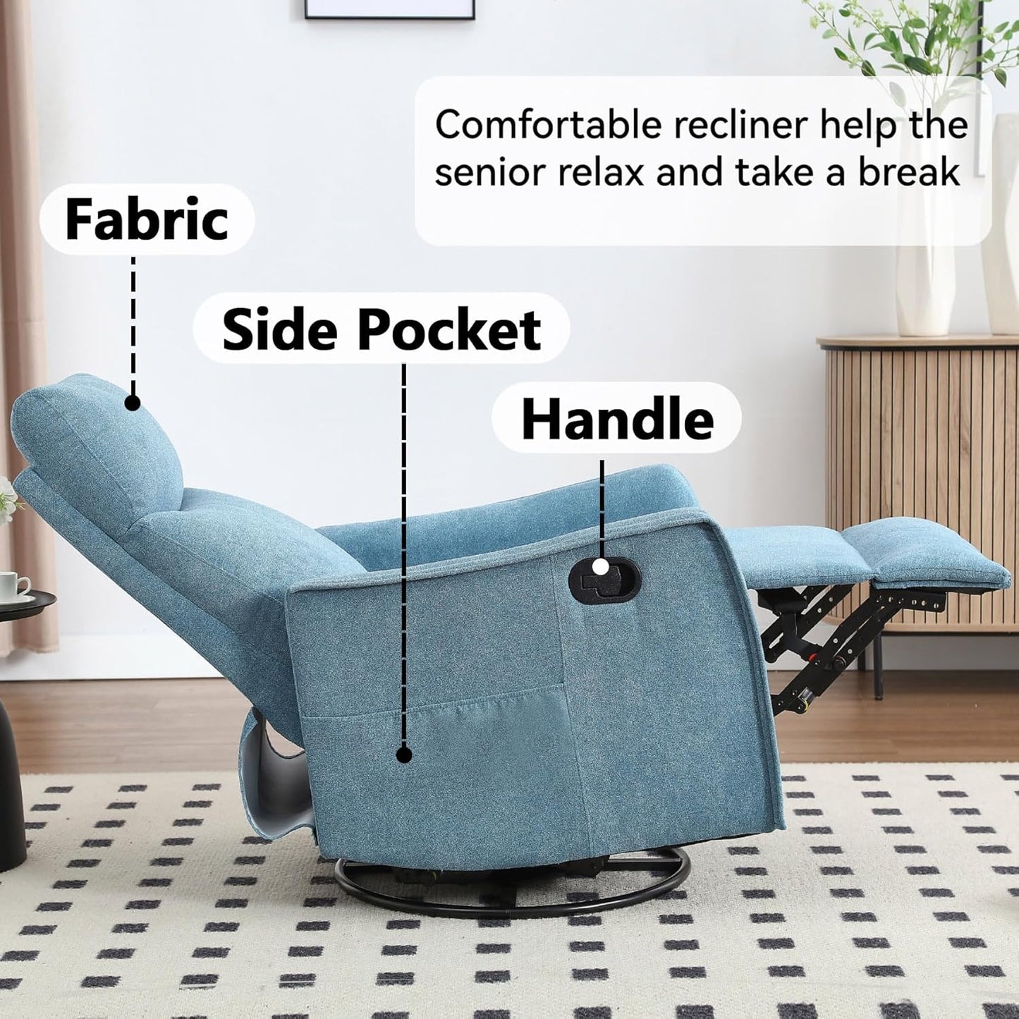 Massage Chair Recliner with Heat, Swivel Rocking Chair Recliner with High Back, Manual Nursery Recliners for Adults,Small Recliner Chair for Small Spaces, Living Room Bedroom, Fabric (Blue Green)