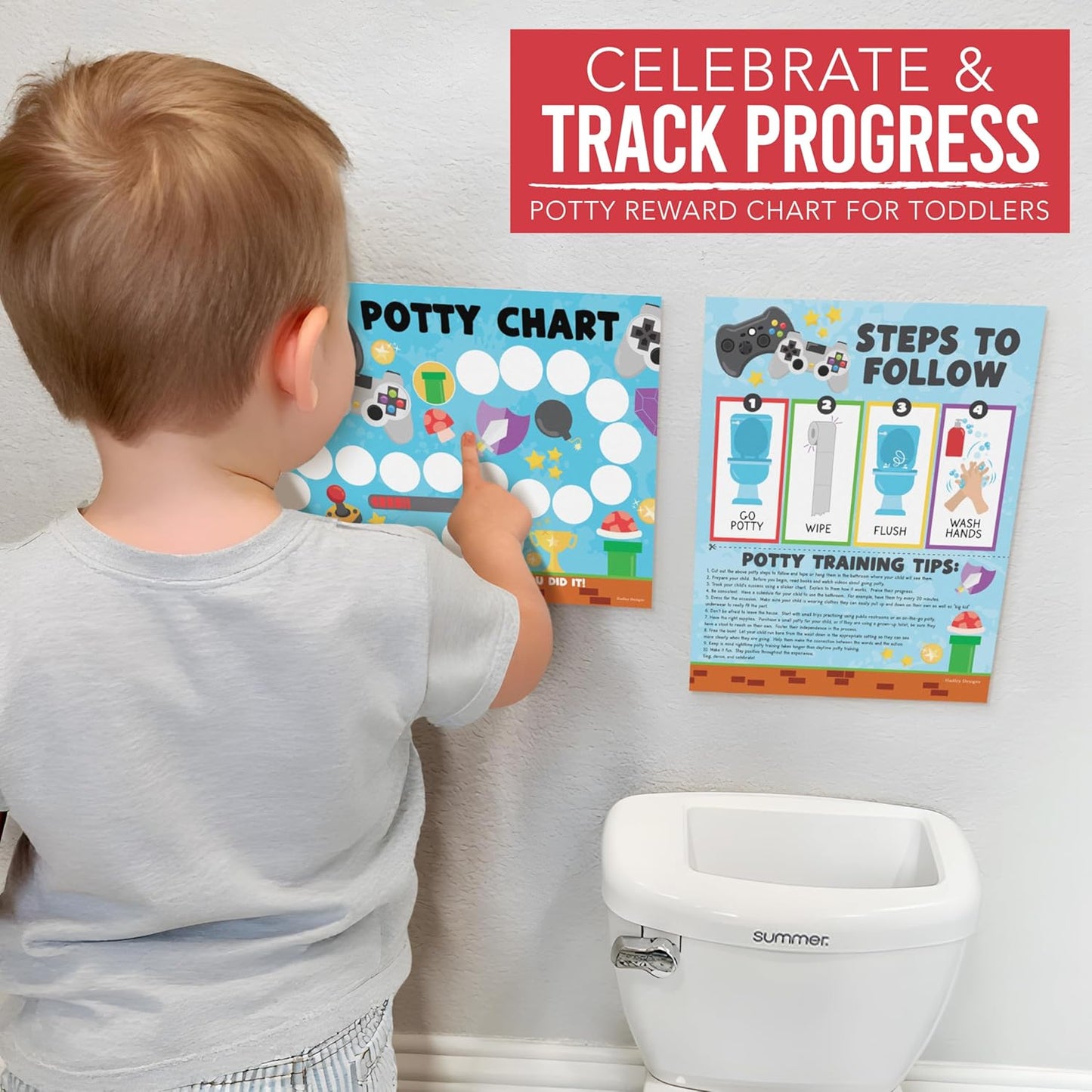 Hadley Designs Potty Training Chart for Toddlers Boys -10 Sticker Potty Chart for Toddlers Boys, 8.5x11" Potty Training Sticker Charts for Toilet Success, Monster Truck Toddler Reward Chart for Kids
