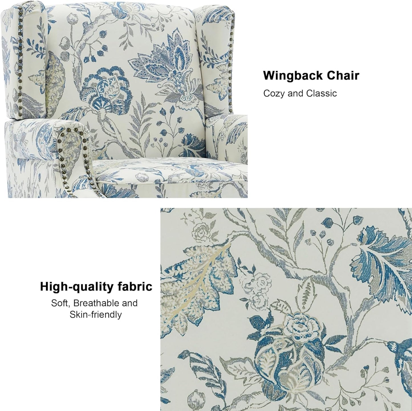 Swivel Rocker Recliner Chair, Manual Nursery Glider Recliner, Floral Fabric Wingback Accent Chair with Adjustable Backrest & Footrest for Small Spaces Living Room Bedroom (Plants Floral, Set of 1)