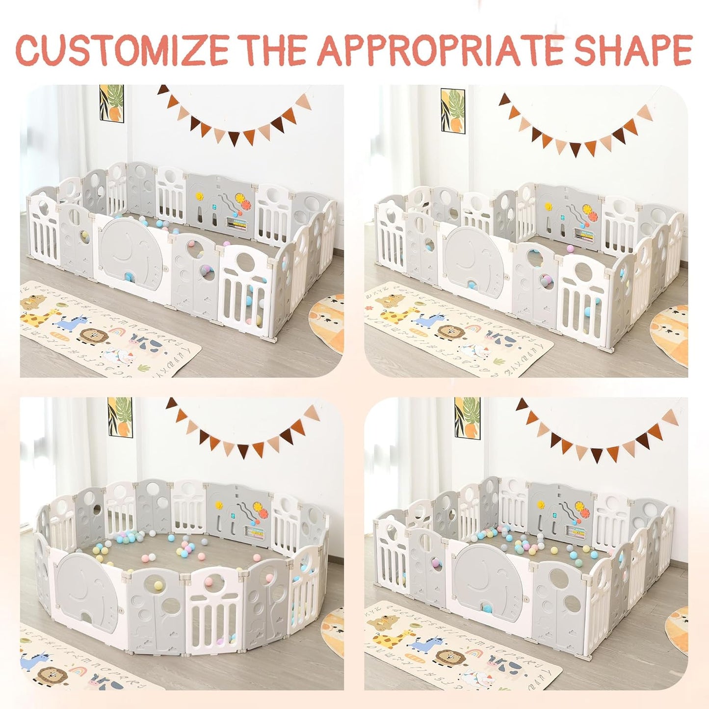 Baby Playpen, 14-Panel Foldable Play Pen for Babies and Toddlers, Indoor Outdoor Baby Fence with Sensory Play Panel, Adjustable Shape Activity Play Center, Portable & Easy Assemble