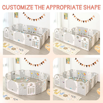 Baby Playpen, 14-Panel Foldable Play Pen for Babies and Toddlers, Indoor Outdoor Baby Fence with Sensory Play Panel, Adjustable Shape Activity Play Center, Portable & Easy Assemble