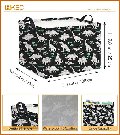 Rectangle Storage Basket with Handles,Collapsible Storage Bin,Books Box,Gift Basket(Green Word Dinosaur)