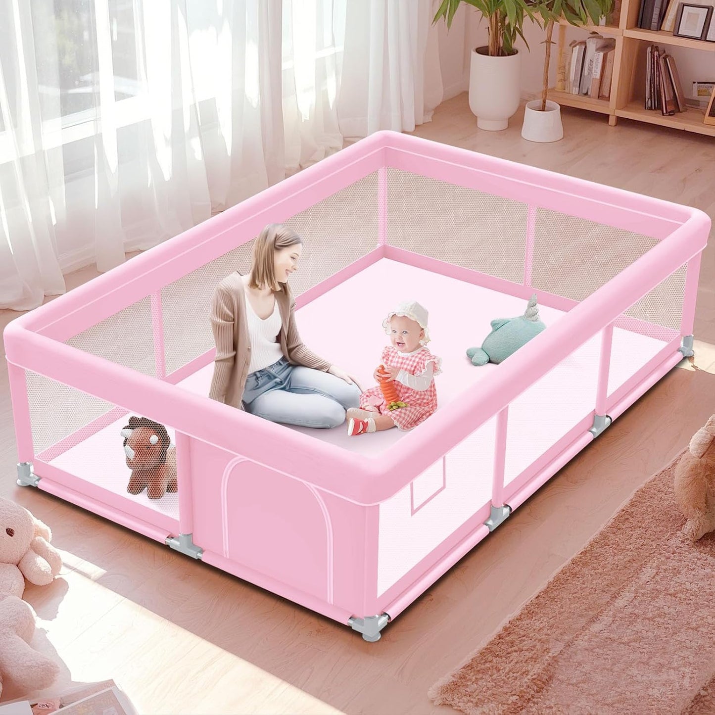 Pink Baby Playpen 50x50 Inches Playpen for Little Princess Play Yards Indoor & Outdoor Sturdy Safety Baby Girls Play Pen with Soft Breathable Mesh Toddlers Activity Center with Anti-Slip Base