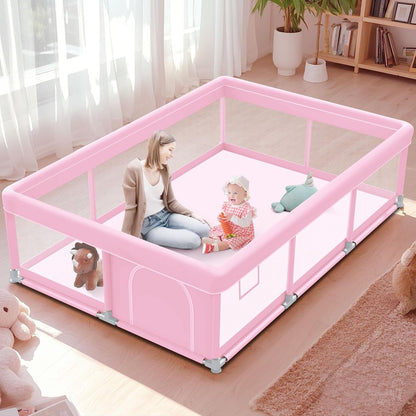 Pink Baby Playpen 50x50 Inches Playpen for Little Princess Play Yards Indoor & Outdoor Sturdy Safety Baby Girls Play Pen with Soft Breathable Mesh Toddlers Activity Center with Anti-Slip Base