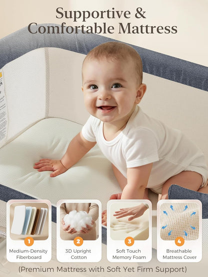 ONTHEWEI Baby Bassinet Bedside Sleeper 3-in-1, Easy Night Feeding with One-Side Fold & Rolling Wheels, Breathable Mesh, 6-Height Adjustable, Soft Mattress for Newborns