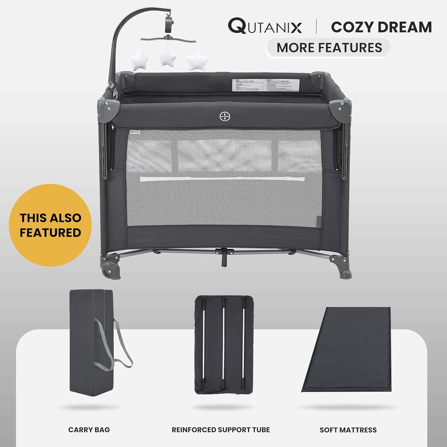 QUTANIX 2-in-1 Pack and Play with Mattress,Baby Bassinet Bedside Sleeper, Bedside Bassinet & Baby Playpen, Easy Folding Portable Crib for Newborn to Toddlers (Dark Grey)