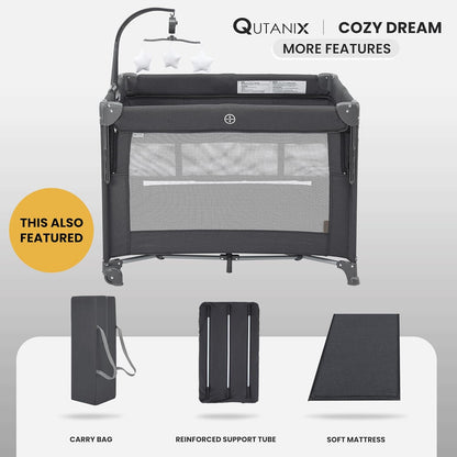 QUTANIX 2-in-1 Pack and Play with Mattress,Baby Bassinet Bedside Sleeper, Bedside Bassinet & Baby Playpen, Easy Folding Portable Crib for Newborn to Toddlers (Dark Grey)