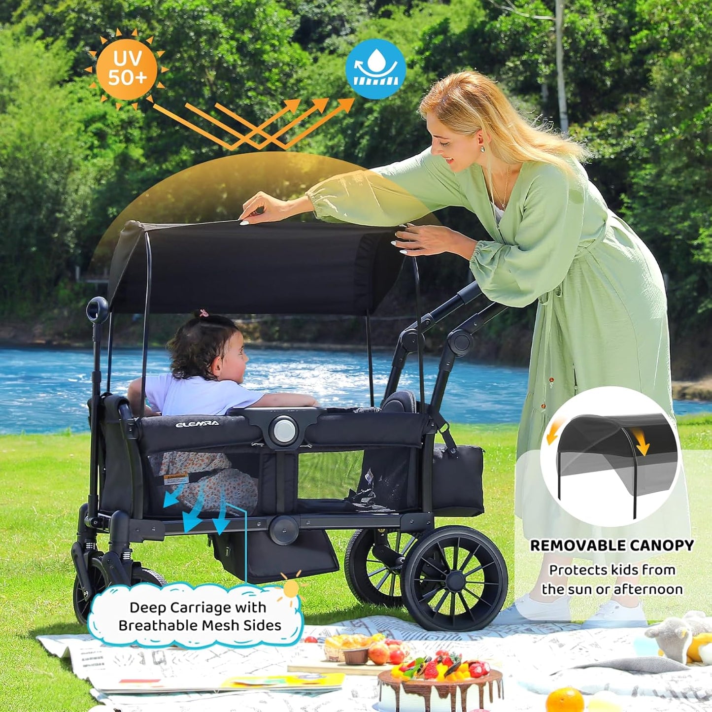 ELEMARA Stroller Wagon, 2 Seat Stroller for 2 Kids, Premium All Terrain Stroller for Kids w/Removable Canopy, Adjustable Push/Pull Handle, Large Storage Bag, Black