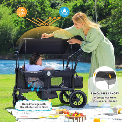 ELEMARA Stroller Wagon, 2 Seat Stroller for 2 Kids, Premium All Terrain Stroller for Kids w/Removable Canopy, Adjustable Push/Pull Handle, Large Storage Bag, Black