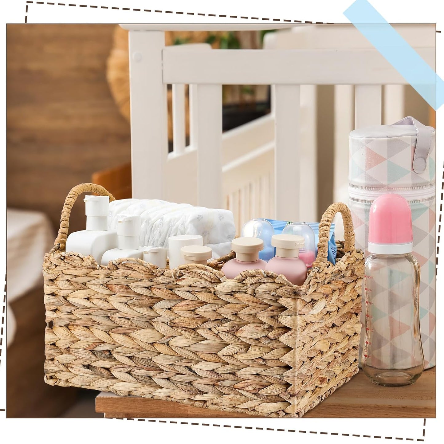 Chunful Wicker Diaper Caddy Organizer Scalloped Edge Rattan Basket with Dividers 9.5 x 13.5 x 7 Inch Woven Natural Basket Storage Organizer Handmade for Baby Shower Gifts Newborn Storage
