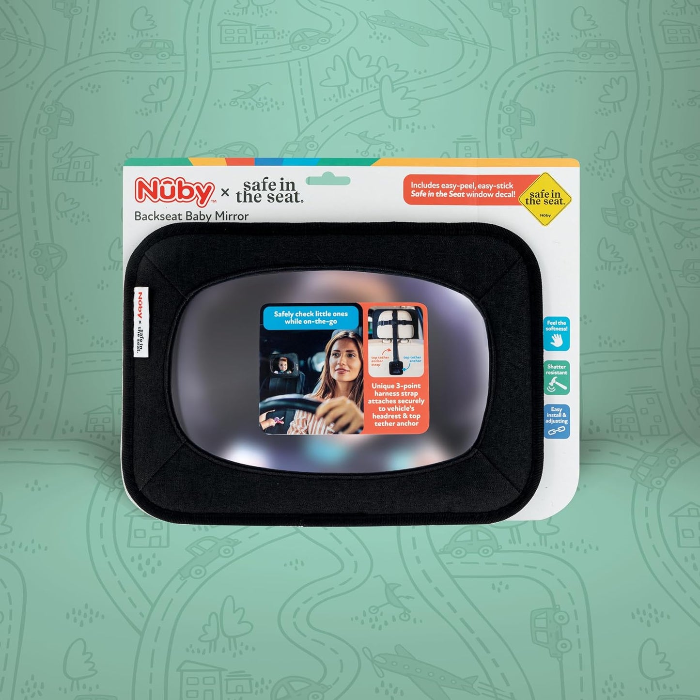 Nuby x Safe in the Seat Backseat Baby Mirror - Shatter-Resistant Car Mirror with Tether Anchor Strap - Fits Most Headrests for Rear-Facing Baby Monitoring