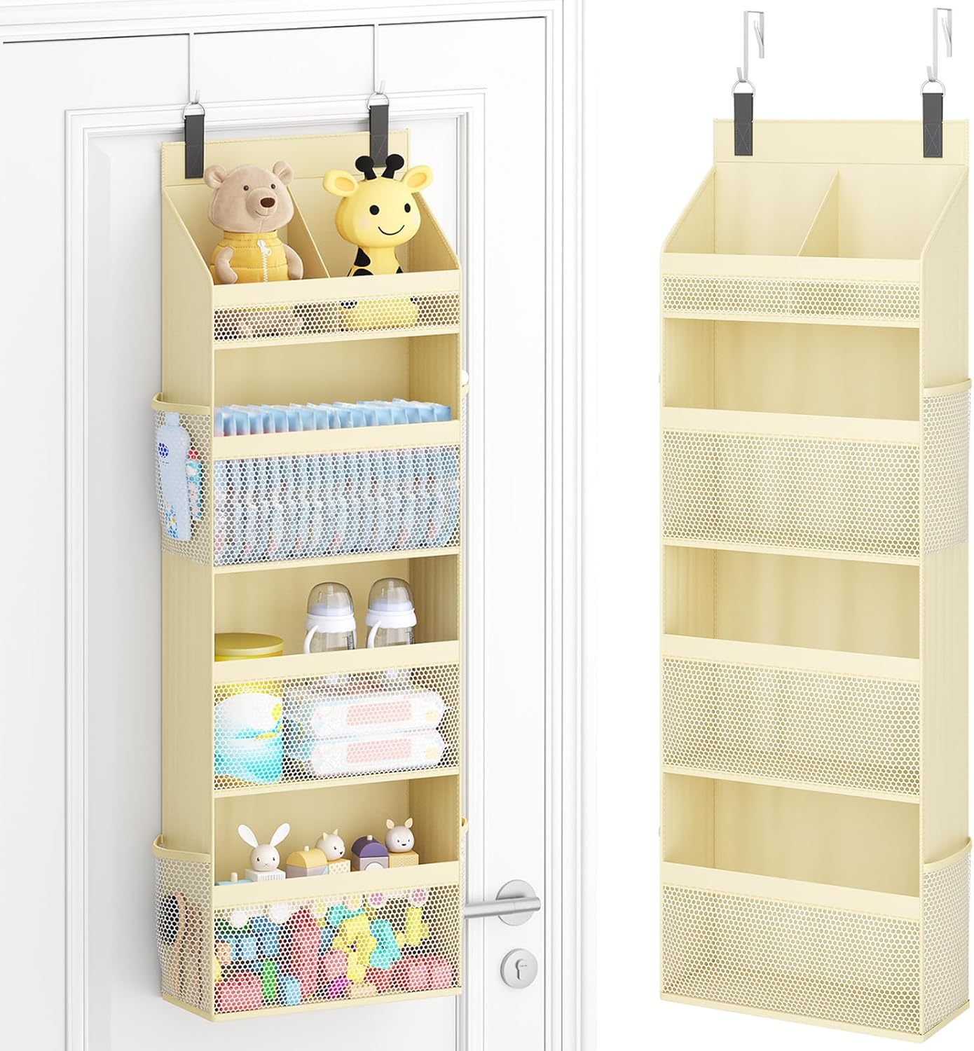 Lifewit 4 Tier Over the Door Diaper Organizer for Nursery, Large Heavy Duty Hanging Storage with 4 Mesh Side Pockets, Sturdy Back of Door Shelf for Baby Stuff Toy in Pantry, Laundry, Bathroom, Gray