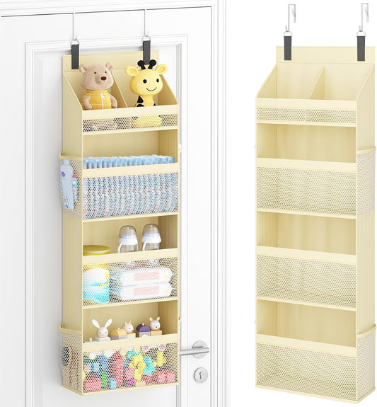 Lifewit 4 Tier Over the Door Diaper Organizer for Nursery, Large Heavy Duty Hanging Storage with 4 Mesh Side Pockets, Sturdy Back of Door Shelf for Baby Stuff Toy in Pantry, Laundry, Bathroom, Gray