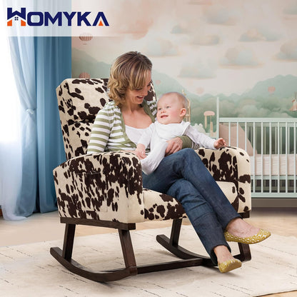 Rocking Chair Nursery, Upholstered Nursing Rocker Chair for Mom with High Backrest and Side Pockets for Bedroom Living Room, Beige