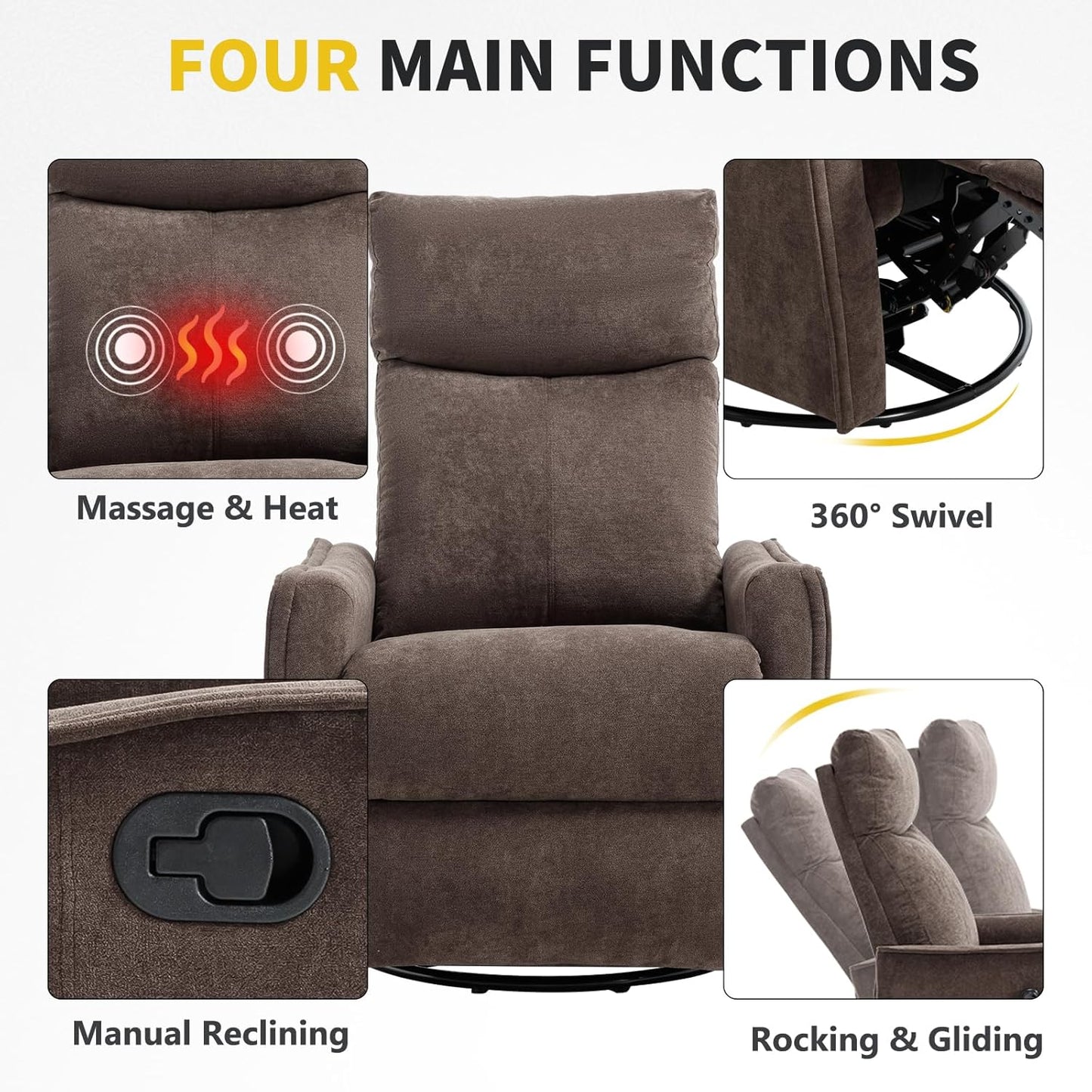 Trustyue Swivel Rocker Recliner Chair, 360° Swivel Recliner with Heat and Massage, Rocker Recliner Nursery Glider Chair with Side Pockets for Living Room (Beige, Fabric)