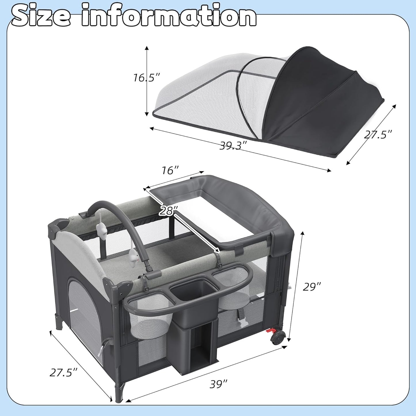 5-in-1 Baby Bassinet Bedside Sleeper with Swing Tube Converts to Cradle, Baby Crib with Mattress, Detachable Diaper Changer, Mosquito Net and Toy - Black