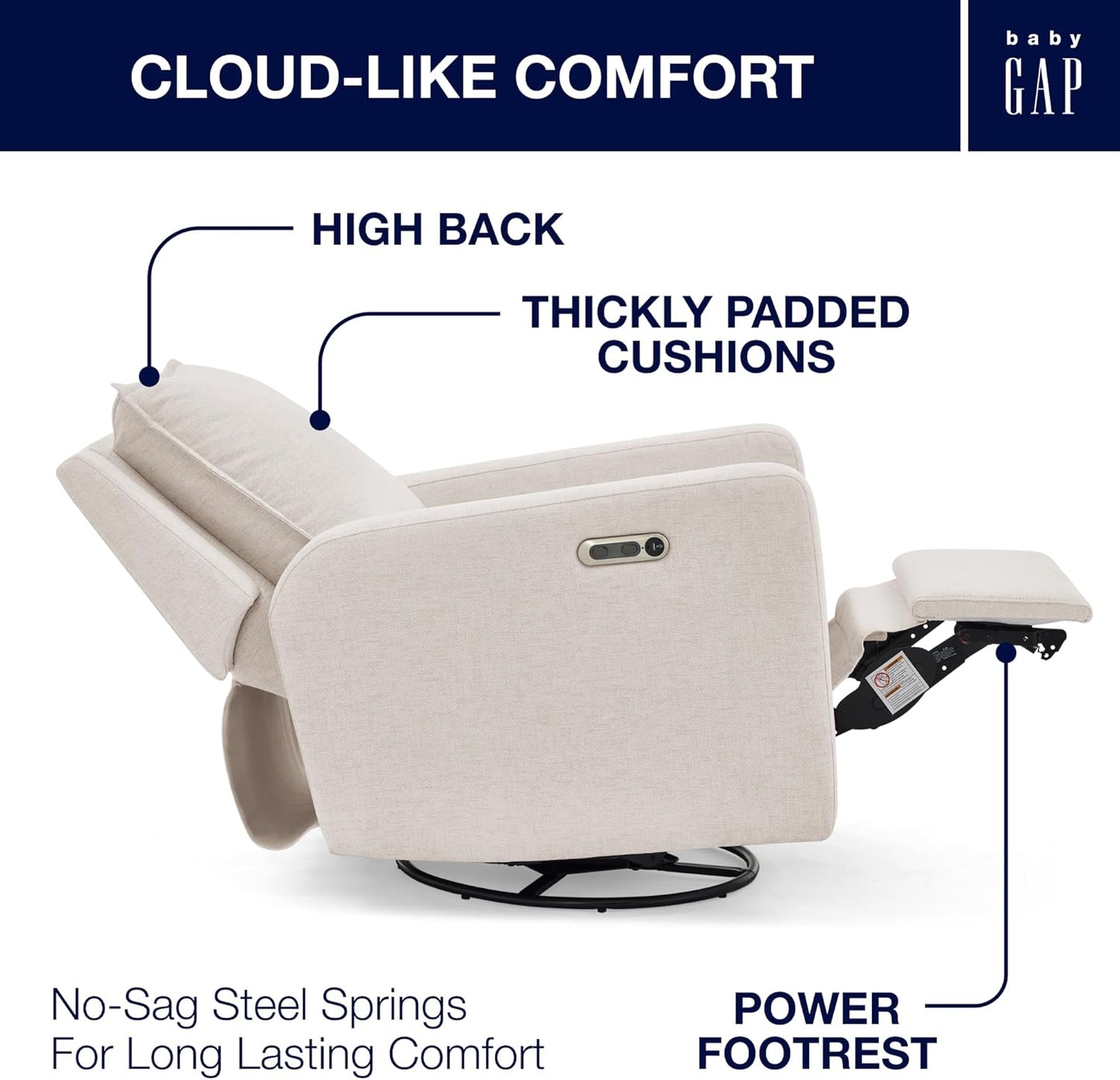 babyGap Harlowe Power Recliner with USB-A and Type-C Ports by Delta Children - Greenguard Gold Certified – Stain-Resistant Performance Fabric is Oeko-TEX Standard 100 Certified, Sand