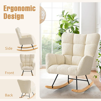 Furniliving Nursery Rocking Chair Upholstered Glider Rocking Chair Modern Accent Chair Padded Seat Reading Chair with High Backrest Comfy Chair for Living Room, Bedroom, Nursery, Black, Teddy