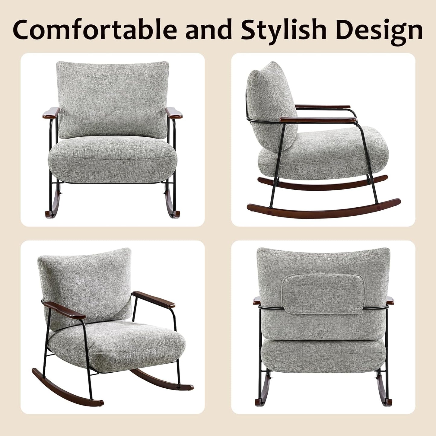 Rocking Chair Nursery Upholstered Glider Chair with Armrests Wood Legs for Relaxing, Comfortable Lounge Armchair Chenille Fabric for Living Room Bedroom, Gray