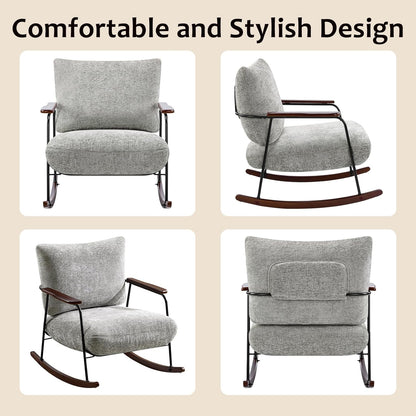 Rocking Chair Nursery Upholstered Glider Chair with Armrests Wood Legs for Relaxing, Comfortable Lounge Armchair Chenille Fabric for Living Room Bedroom, Gray