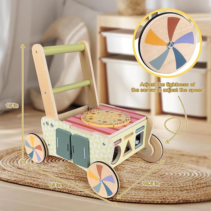 BAUTIA Baby Push Toys, Wooden Play Kitchen Food Cart, Montessori Acitivty Center Walker Toys for 1 2 Year Old Girl Boys Gifts