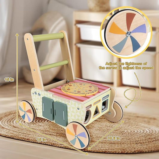 BAUTIA Baby Push Toys, Wooden Play Kitchen Food Cart, Montessori Acitivty Center Walker Toys for 1 2 Year Old Girl Boys Gifts