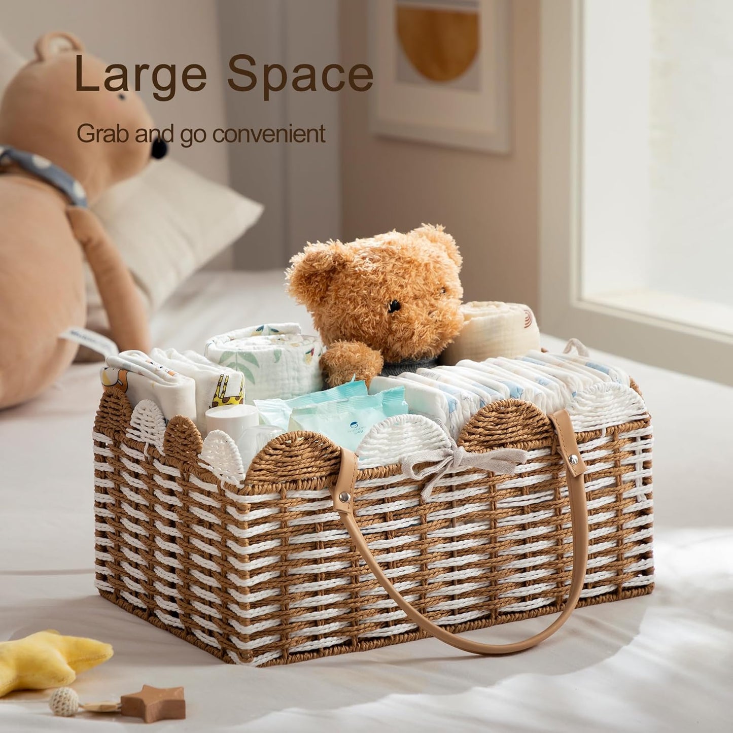 HBlife Large Baby Diaper Caddy, Paper Rope Storage Baskets Nursery Bin with Removable Divider, Portable Car Organizer for Diapers, Baby Shower Gifts, Newborn Essentials Must Haves