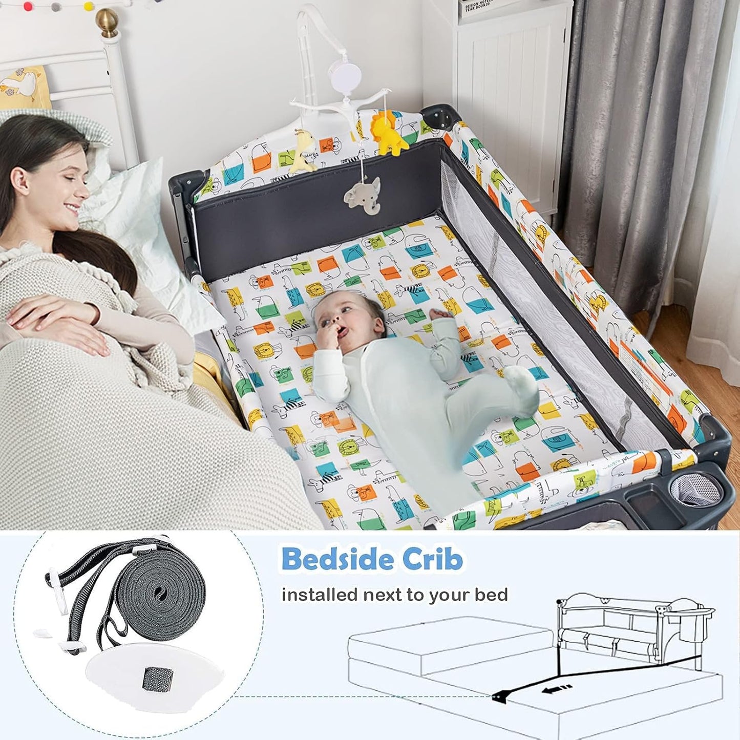 BABY JOY 5-in-1 Pack and Play, Baby Bedside Sleeper with Bassinet, Portable Baby Playard with U-Shaped Diaper Changer, Safety Strap, Multifunction Baby Bassinet Bedside Crib from Newborn to Toddlers