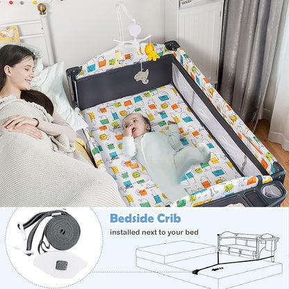BABY JOY 5-in-1 Pack and Play, Baby Bedside Sleeper with Bassinet, Portable Baby Playard with U-Shaped Diaper Changer, Safety Strap, Multifunction Baby Bassinet Bedside Crib from Newborn to Toddlers