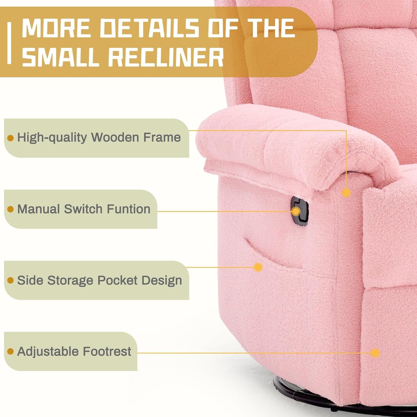 Korser Recliner Chair, Swivel Rocker Recliner Chair for Adults, Small Recliners for Small Spaces, Upholstered Manual Recliner with Side Pockets, Nursery Rocking Chair for Living Room, Chenille, Beige