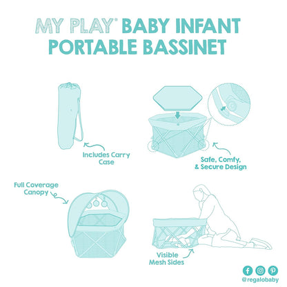 Regalo My Play Baby Portable Bassinet with UPF 50+ Canopy & Mosquito Net, Foldable Travel Bassinet & Playpen, Lightweight Indoor Outdoor Baby Lounger, Mesh Sides, Toys & Padded Base, Newborn to 15 lbs