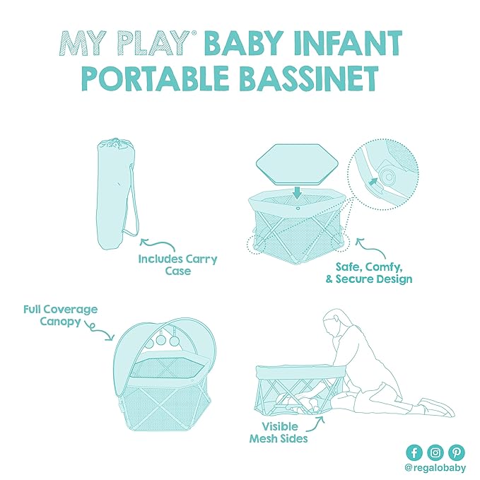 My Play Baby Portable Infant Bassinet, Indoor Outdoor UPF 50+ Canopy, Mesh Sides, 29x14 Inches, Foldable Travel Playard with Toys, Padded Base, Newborn to 15 Pounds