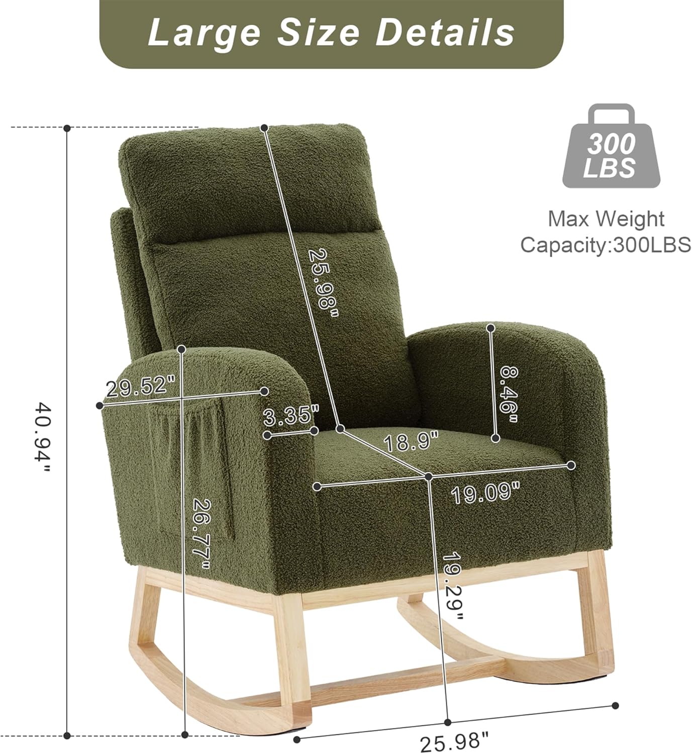Nursery Rocking Chair with Solid Wood Legs, Glider Chair for Nursery with Two Side Pockets, Rocker Armchair for Living Room Bedroom (Ivory White, Teddy Fabric)