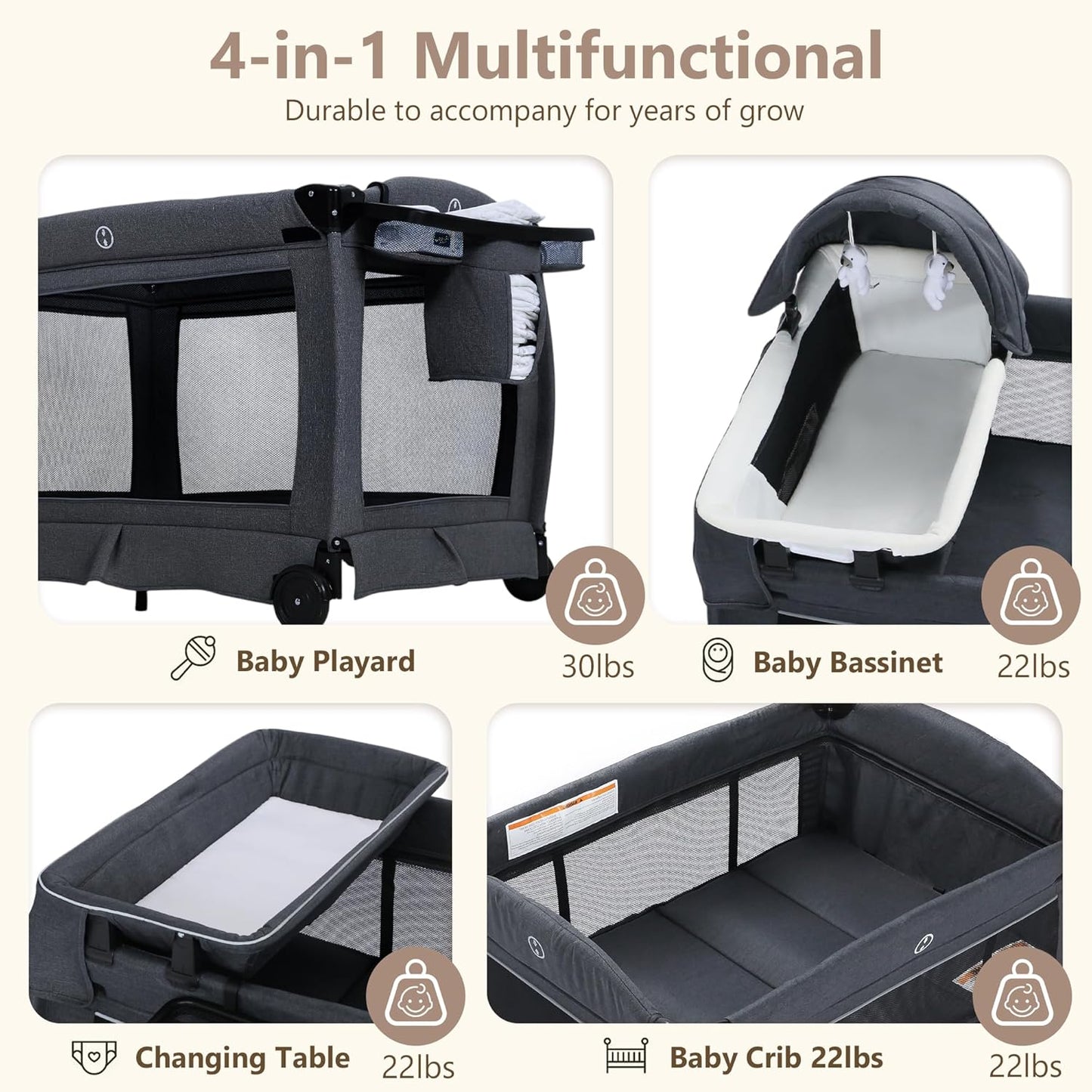 Kinder King 4 in 1 Foldable Pack and Play with Bassinet & Changing Table, Portable Playard for Babies and Toddlers, Adjustable Canopy, Storage Bag, Light Gray