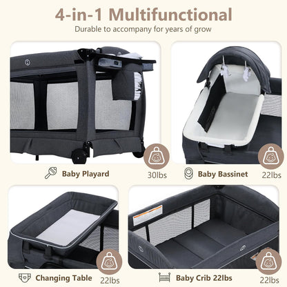 Kinder King 4 in 1 Foldable Pack and Play with Bassinet & Changing Table, Portable Playard for Babies and Toddlers, Adjustable Canopy, Storage Bag, Light Gray