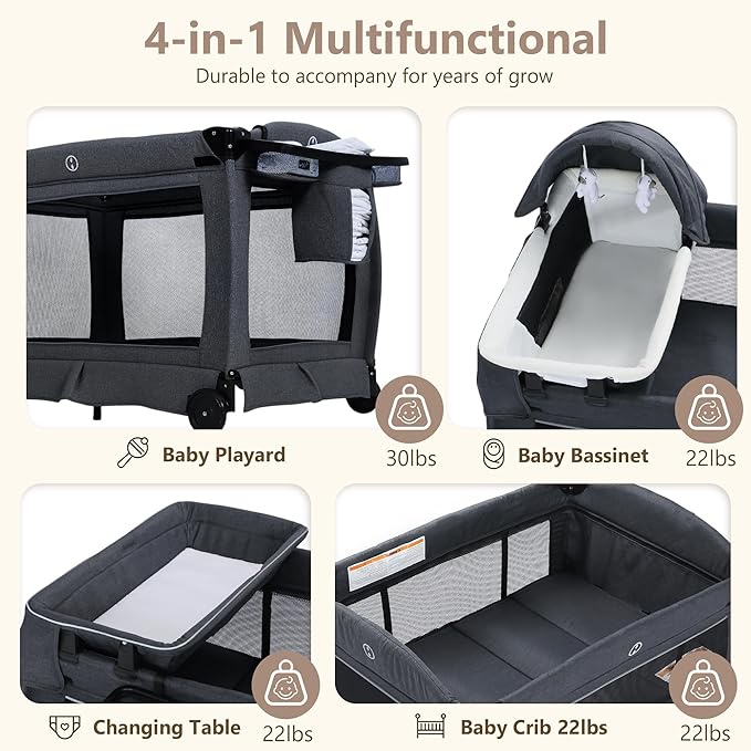 Kinder King 4 in 1 Foldable Pack and Play with Bassinet & Changing Table, Portable Playard for Babies and Toddlers, Adjustable Canopy, Storage Bag, Dark Gray
