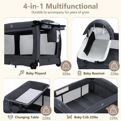 Kinder King 4 in 1 Foldable Pack and Play with Bassinet & Changing Table, Portable Playard for Babies and Toddlers, Adjustable Canopy, Storage Bag, Dark Gray
