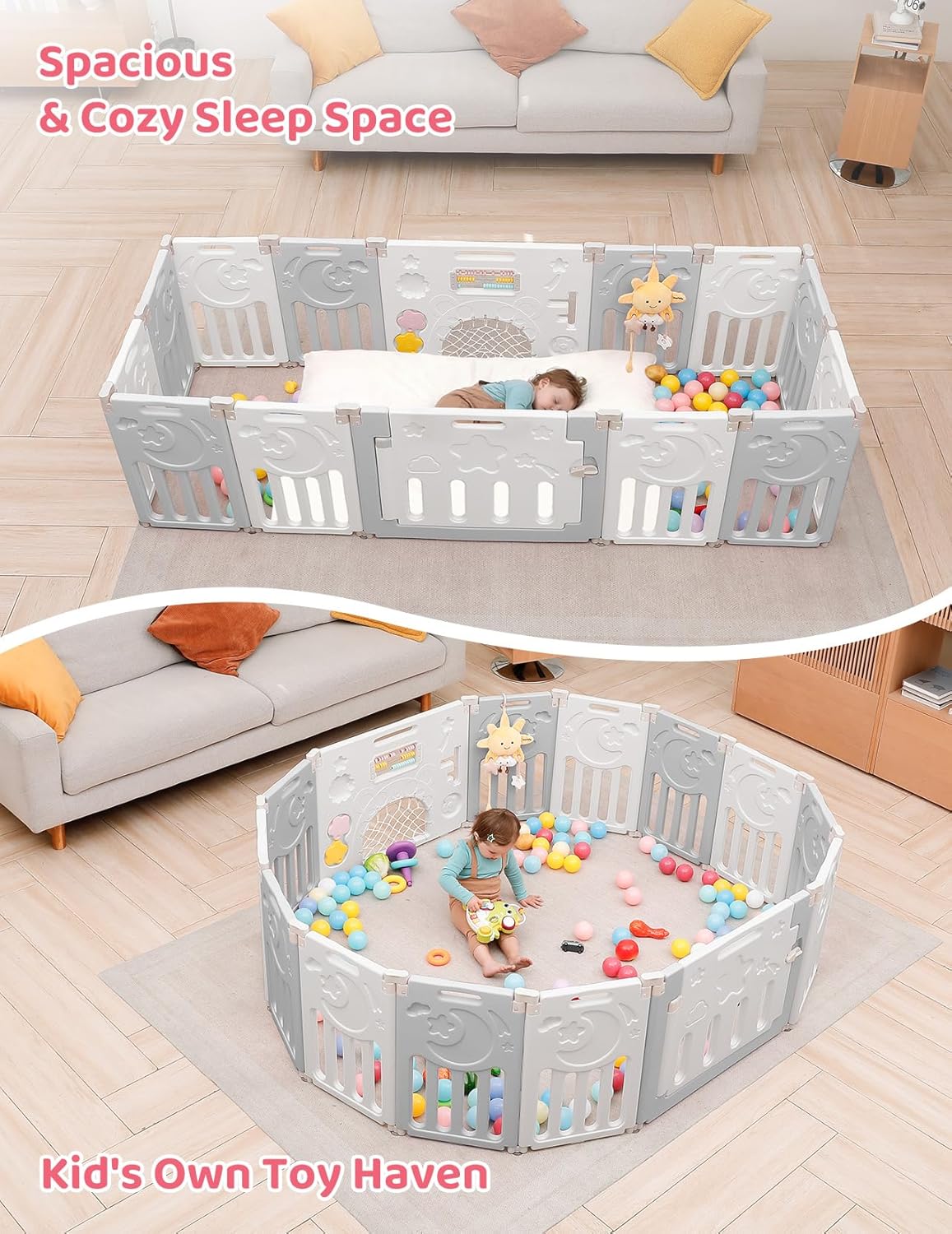 Baby Playpen, Dripex Baby Playard for Babies and Toddlers, 14-Panel Foldable Playpen Adjustable Portable Play Area, Indoor/Outdoor Kids Active Center with Game Panel & Safety Gate, Grey White