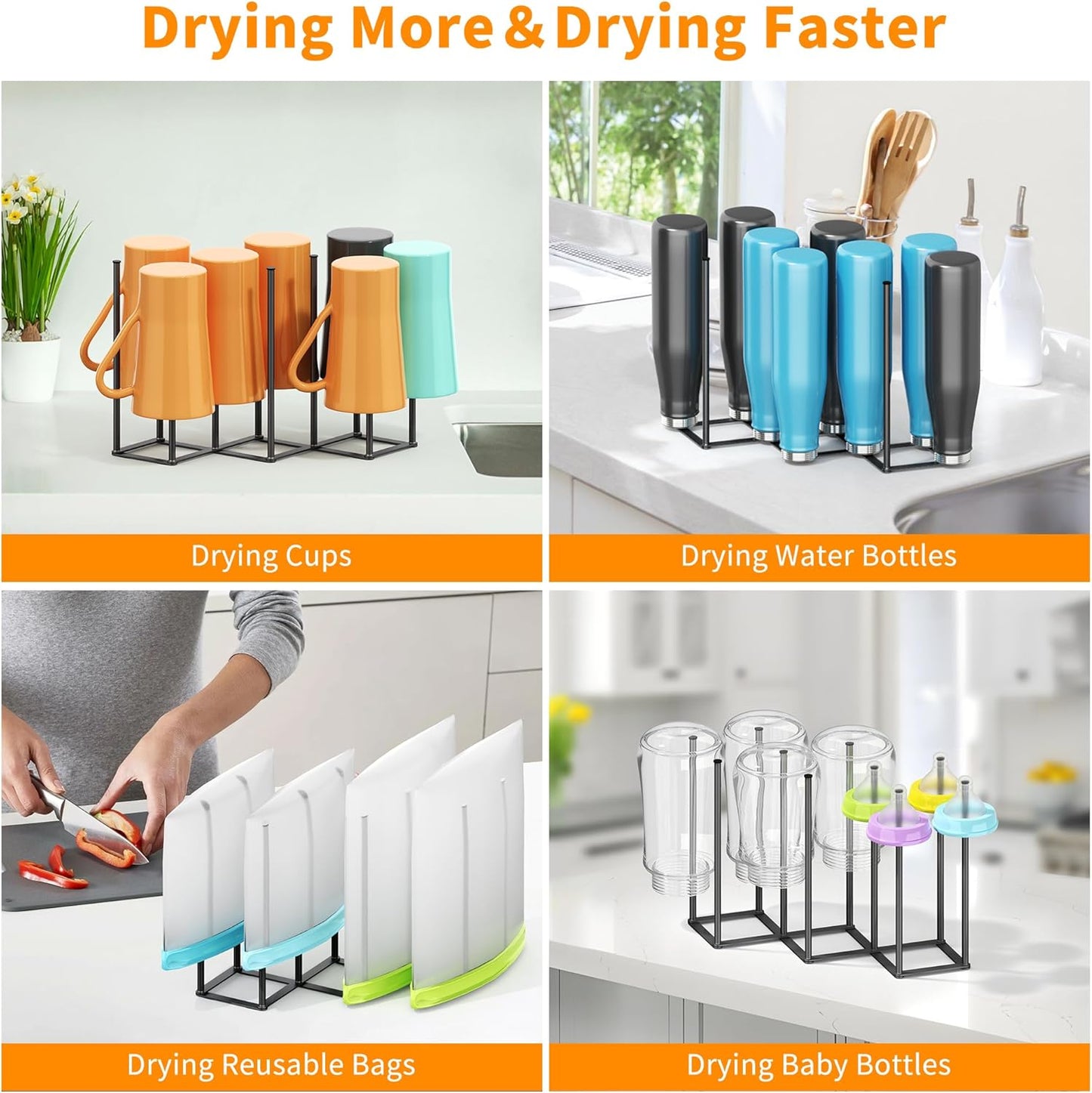 Foldable Baby Bottle Drying Rack-10 Poles Water Bottle Organizer for Cups,Travel Mugs,Silicone Bags- Collapsible Stainless Steel Bottle Rack Dryer (Silver)
