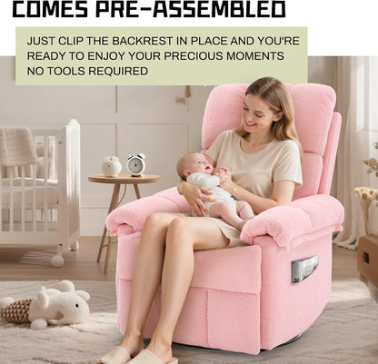 Korser Recliner Chair, Swivel Rocker Recliner Chair for Adults, Small Recliners for Small Spaces, Upholstered Manual Recliner with Side Pockets, Nursery Rocking Chair for Living Room, Chenille, Beige