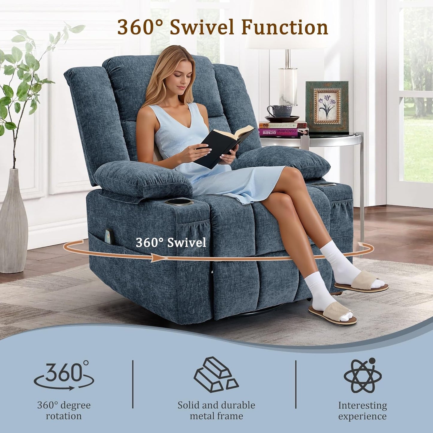 Korser 360° Swivel Rocker Recliner for Adults, Nursery Glider Recliner with Massage and Heating, Rocking Chair with Cup Holder, Manual Recliner Chair for Living Room, Bedroom (Fabric, Beige)