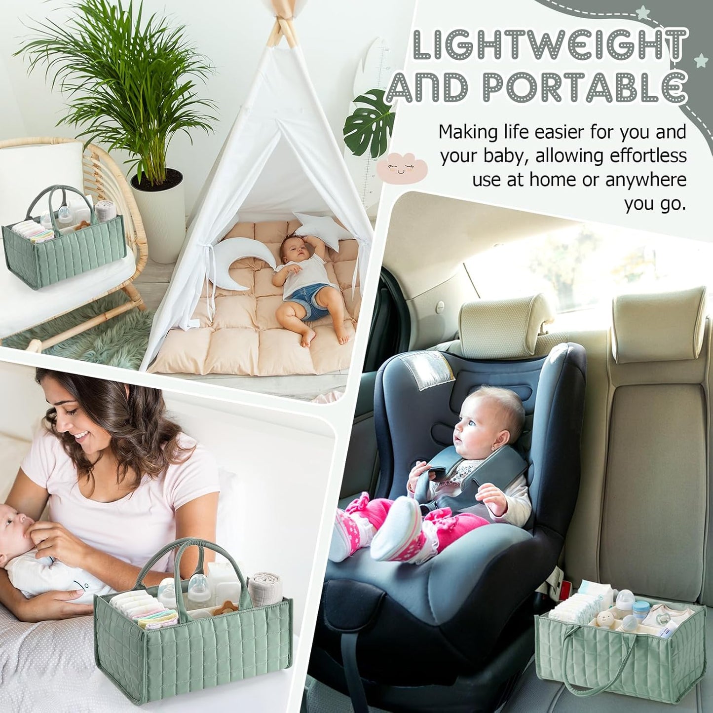 Huhumy Checkered Baby Diaper Caddy, Puffy Nursery Storage Organizer for Diapers & Babies Wipes, Large Quilted Tote Bag for Newborn Essentials Boy or Girl, Gift for Baby Shower Registry (Sage Green)