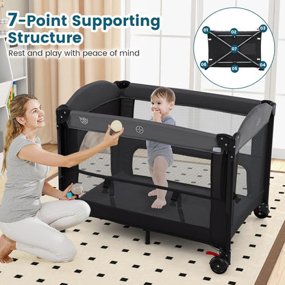 BABY JOY 5-in-1 Pack and Play with Canopy, 4 Level Heights Baby Bedside Sleeper w/Bassinet, U-Shaped Changing Table, Safety Strap, Side Zipper, Portable Bedside Crib Playard from Newborn to Toddlers