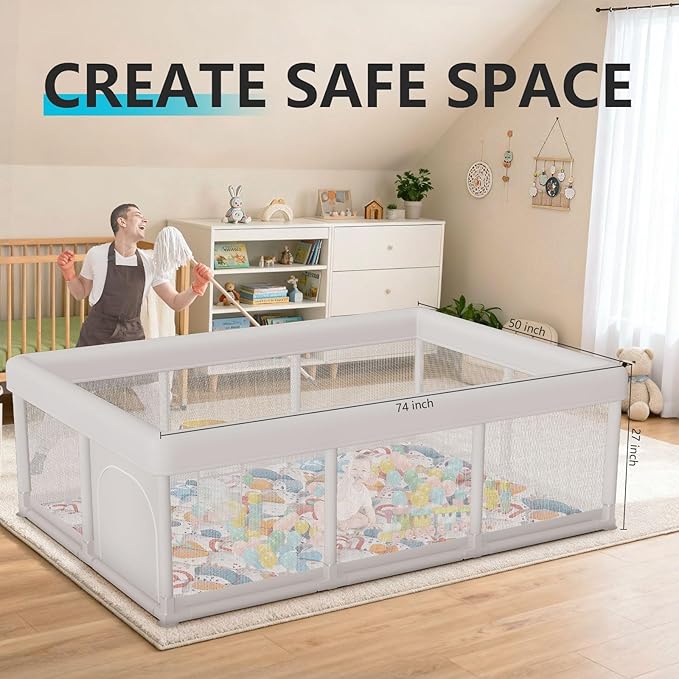 Baby Playpen 74"x50" Play Pens for Babies and Toddlers, Large Play Yards for Indoor & Outdoor with Zipper Gates, Breathable Mesh with Mat