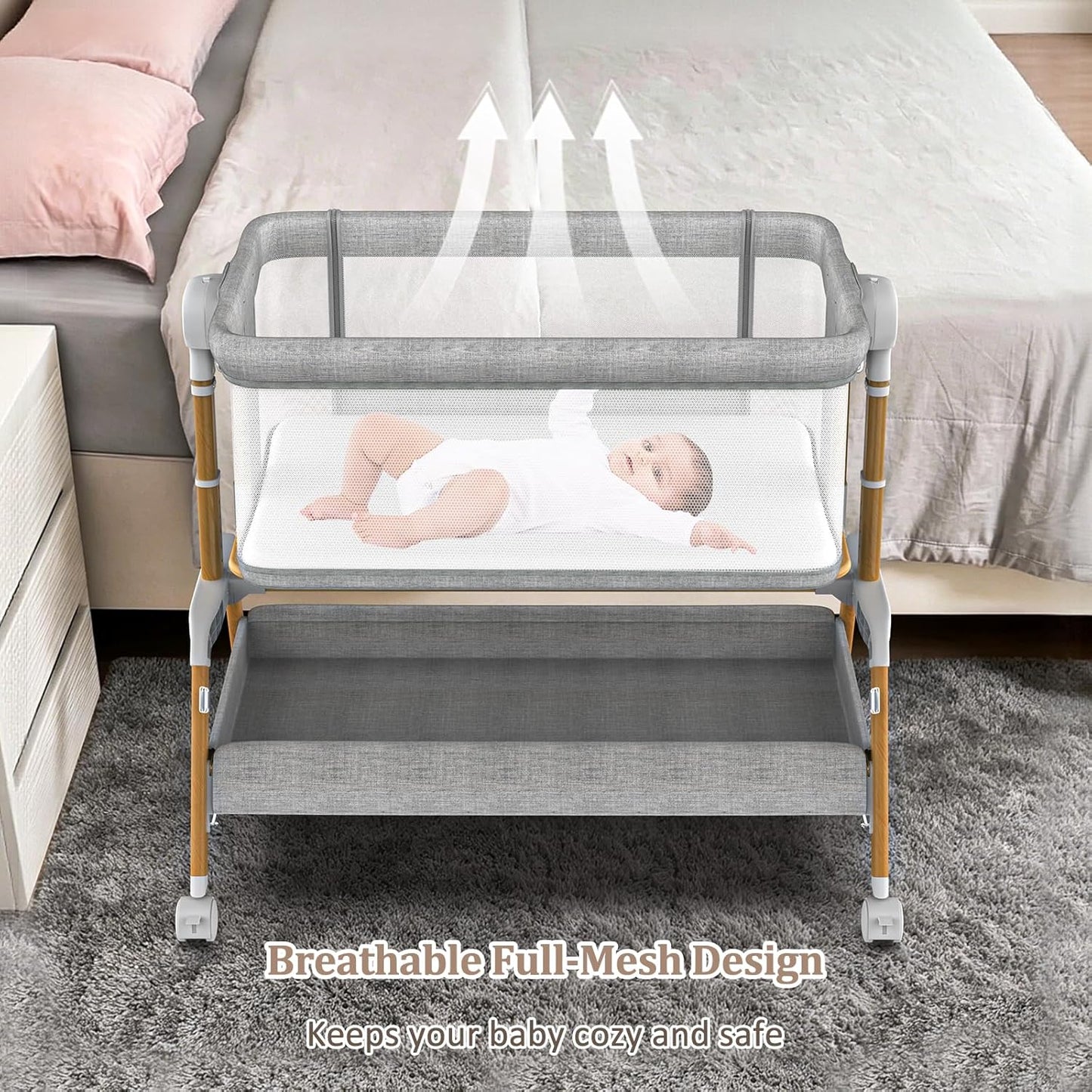 3 in 1 Baby Bassinet, Bedside Sleeper for Newborn, 7-Level Height Adjustable, Rocking Design with Breathable Mesh, Lockable Wheels & Large Storage Space, Portable Baby Crib（Dark Gray）