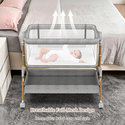 3 in 1 Baby Bassinet, Bedside Sleeper for Newborn, 7-Level Height Adjustable, Rocking Design with Breathable Mesh, Lockable Wheels & Large Storage Space, Portable Baby Crib（Dark Gray）