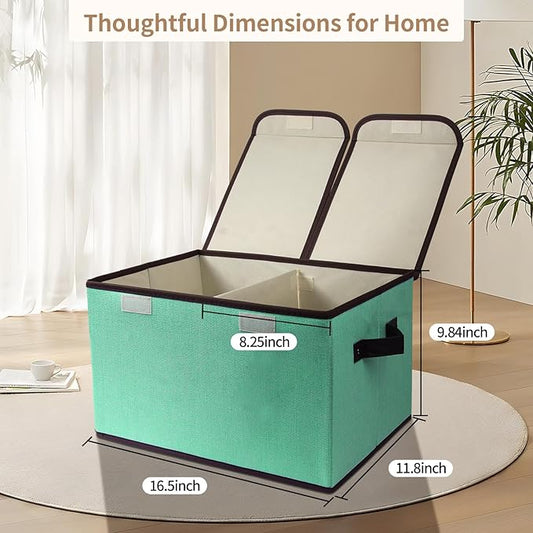 Foldable Fabric Storage Box, 16.5 x 11.8 x 9.8 inches (L x W x H), with Double-Lid & Dividers, Large Organizer for Home, Closet, Office(Green, 1 Pack)