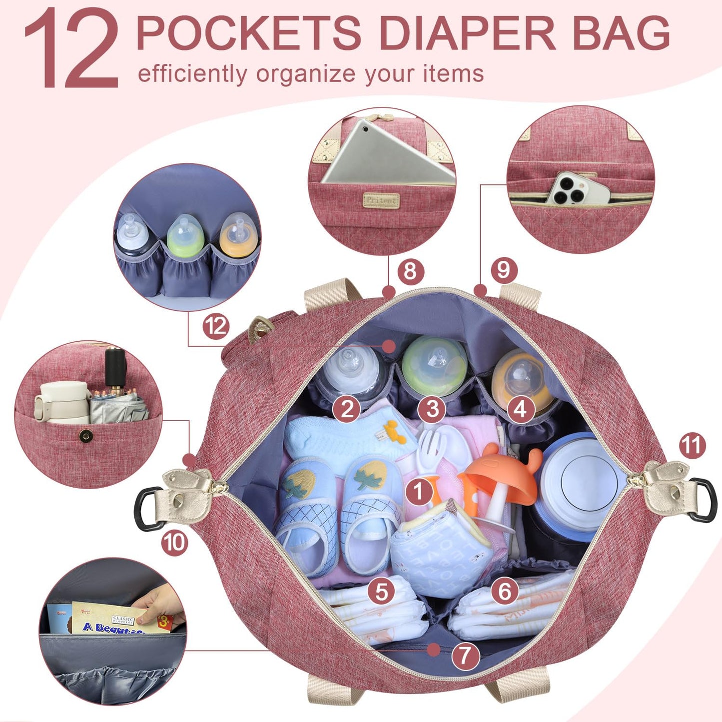 Pritent Diaper Bag Tote - Diaper Baby Bags with Pacifier Case, Shoulder Straps, Stroller Clips, Waterproof Large Mommy Maternity Travel Baby Bag for Mom and Dad, Green, Medium