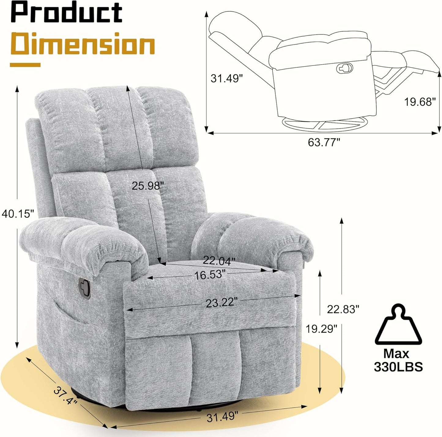 Korser Recliner Chair, Swivel Rocker Recliner Chair for Adults, Small Recliners for Small Spaces, Upholstered Manual Recliner with Side Pockets, Nursery Rocking Chair for Living Room, Chenille, Beige